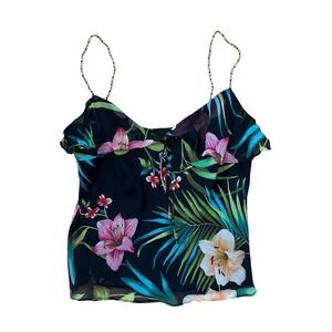 VTG 100% silk floral beaded straps‎ babydoll top fairy whimsy Size 14 M/L